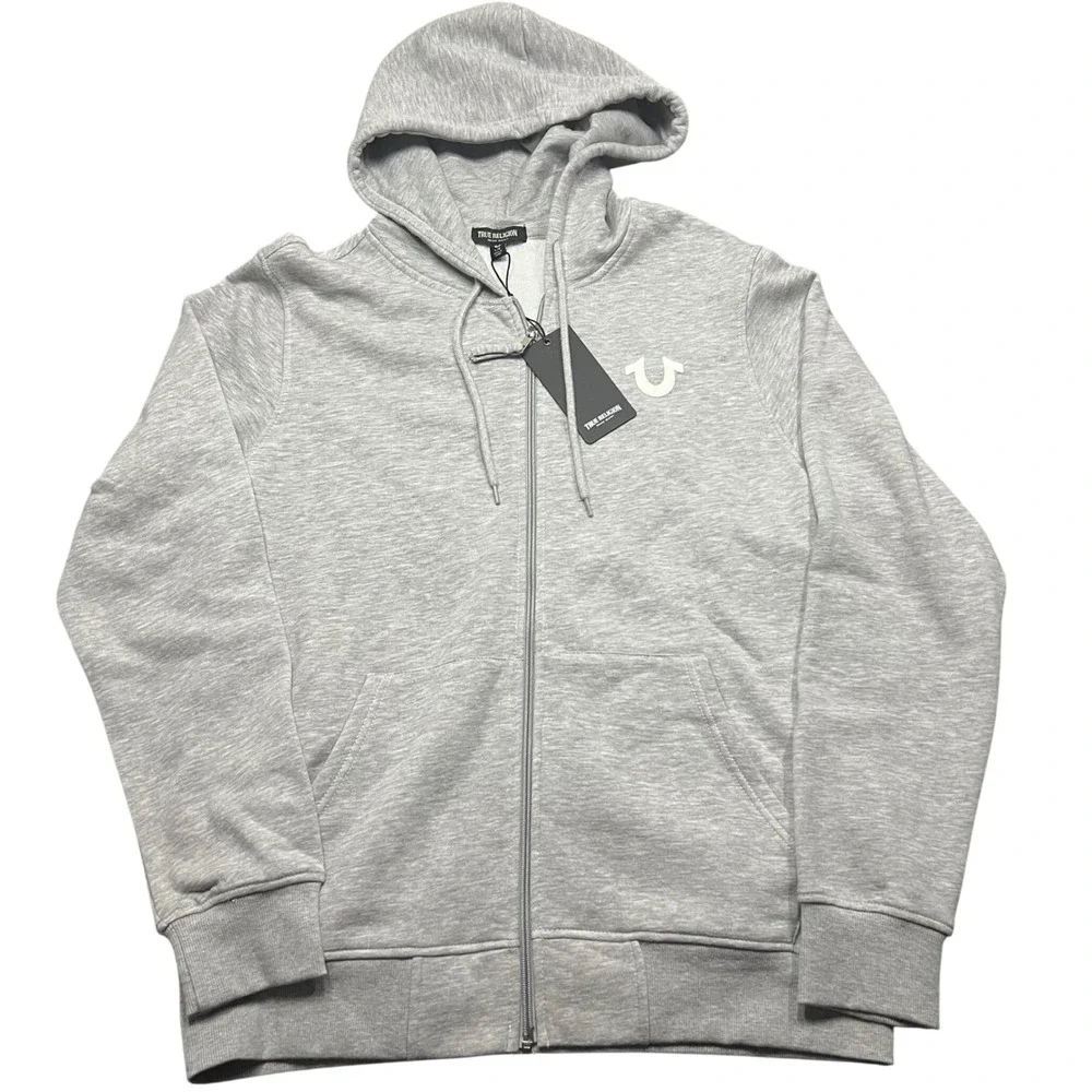 True Religion Mens Buddha Logo Seal Zip Hoodie Heather Grey Large Jacket new nwt